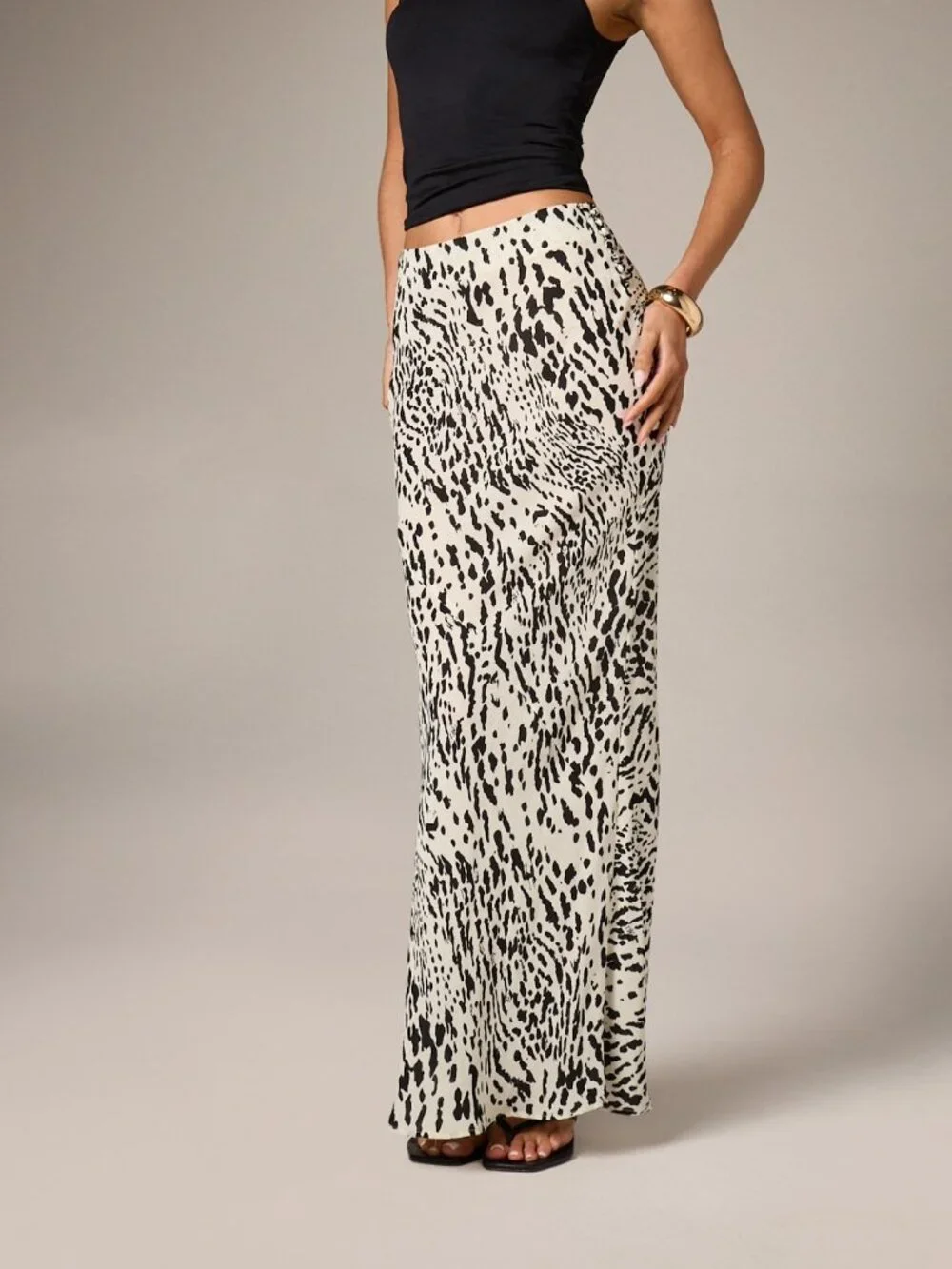 Black And White Elegant Women's Leopard Print Chiffon Maxi Skirt